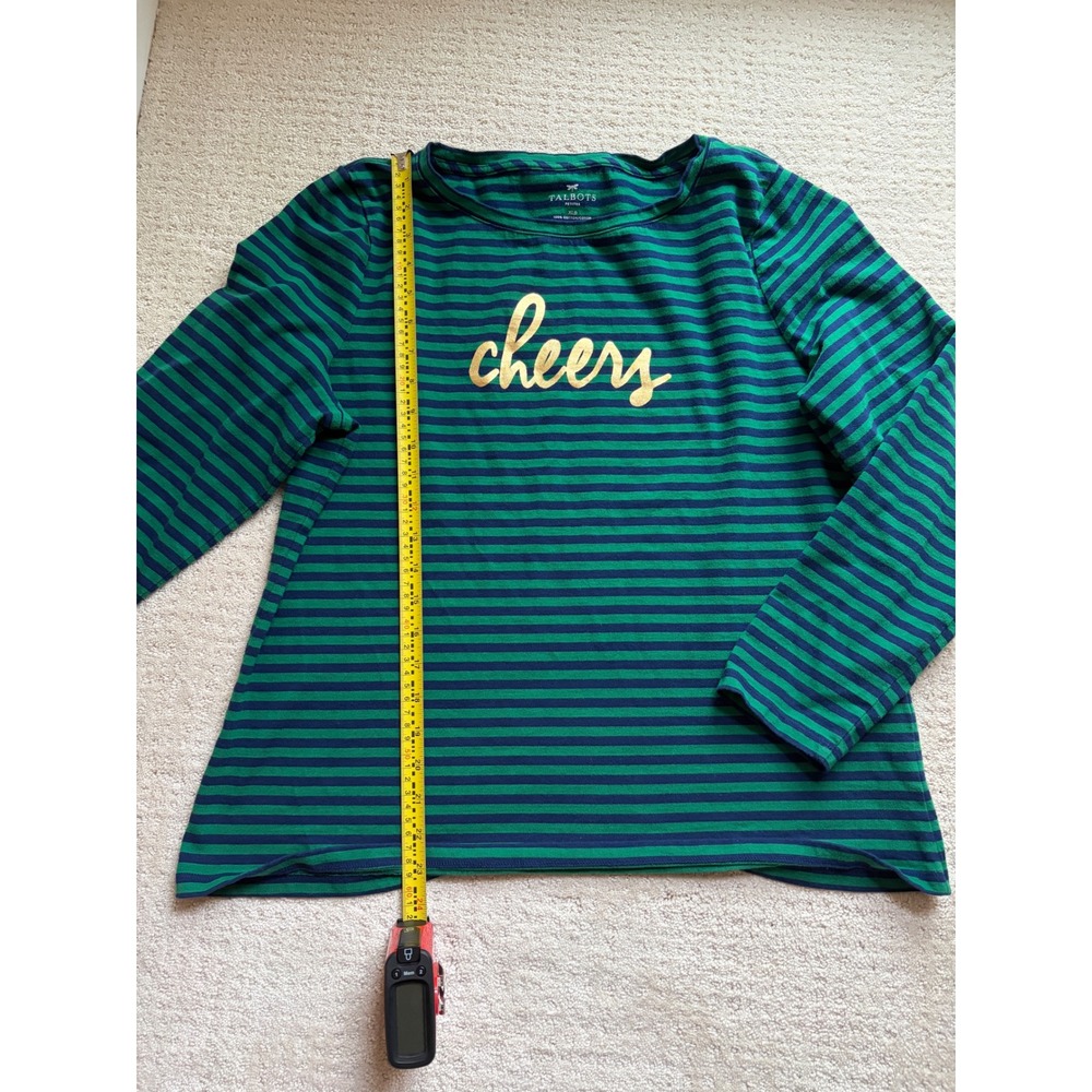 Talbots T-Shirt XLP Green Navy Blue Striped Cheers Gold Graphic Festive Holiday